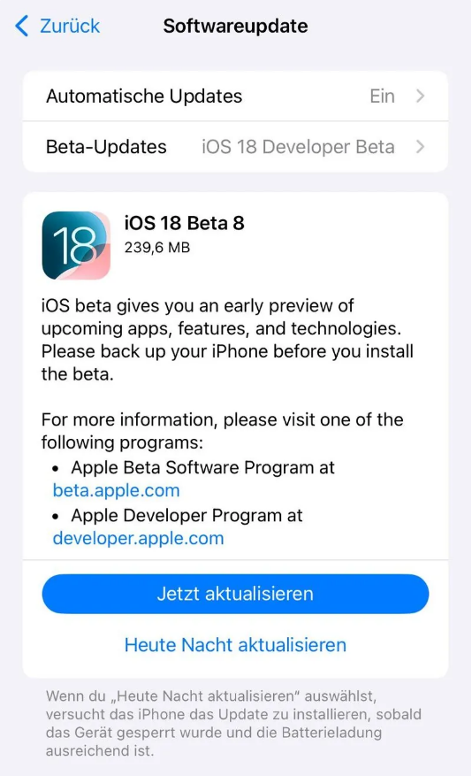 酒泉苹果手机维修分享苹果 iOS / iPadOS 18 开发者预览版 Beta 8 发布 